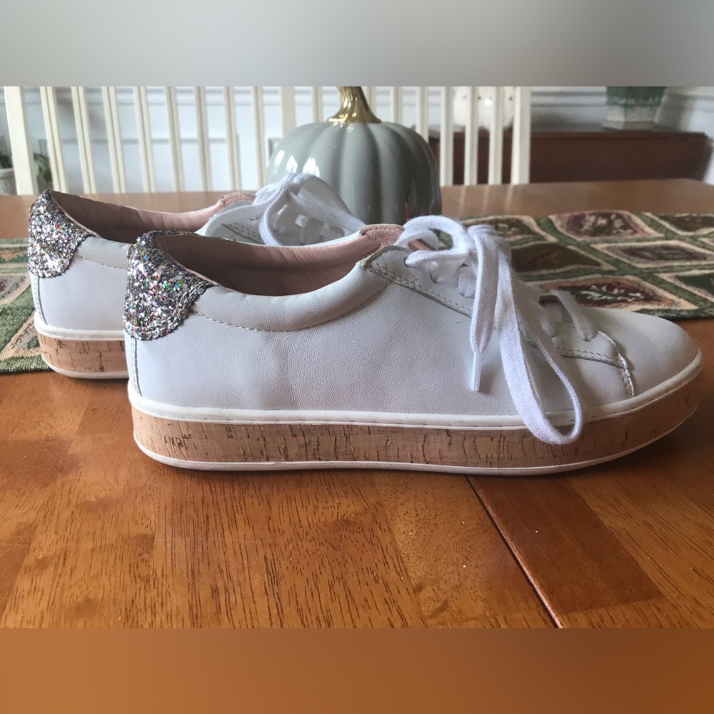 kate spade White Leather Sneakers with Multicolor Glitter Heel - Picture 2 of 9